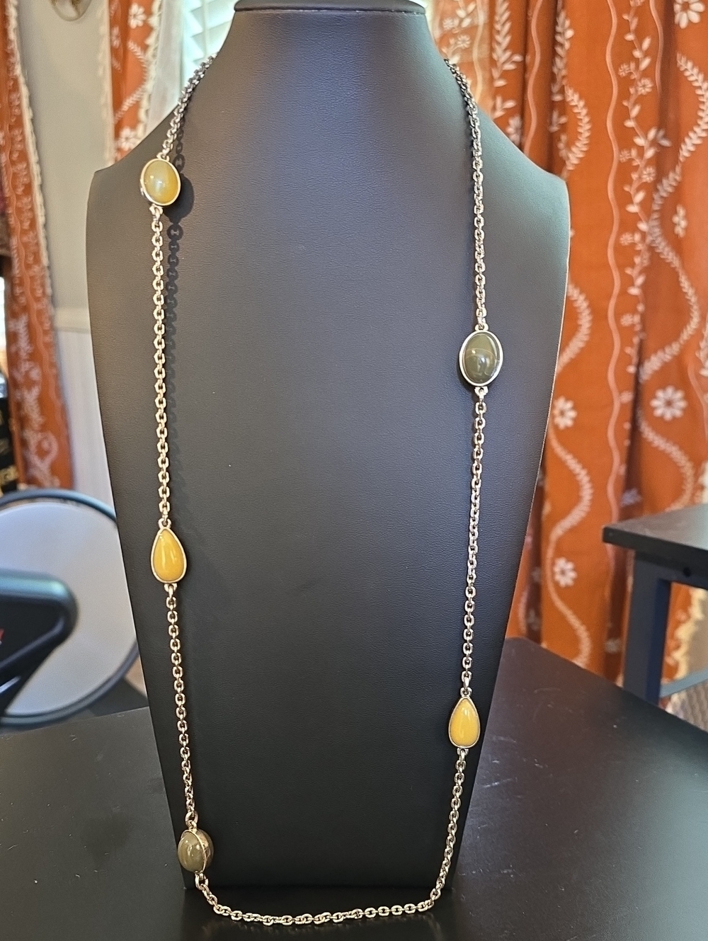 Long Gold Chain Necklace with Yellow and Olive Stones - Women Jewelry